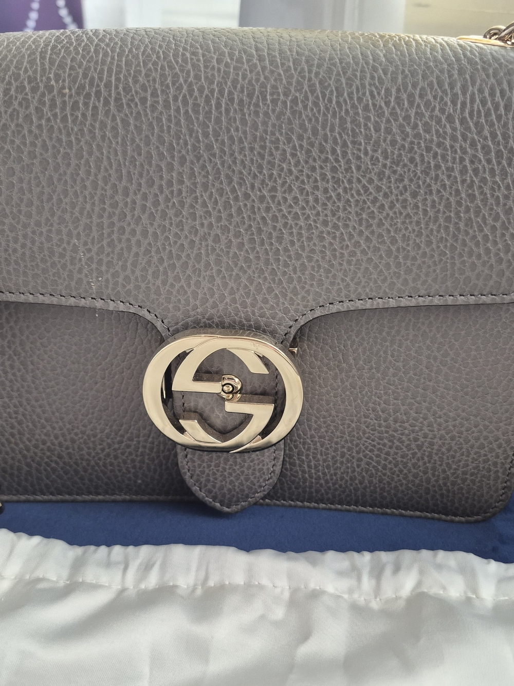 Gucci Grey Leather Shoulder Bag with Gold GG Logo